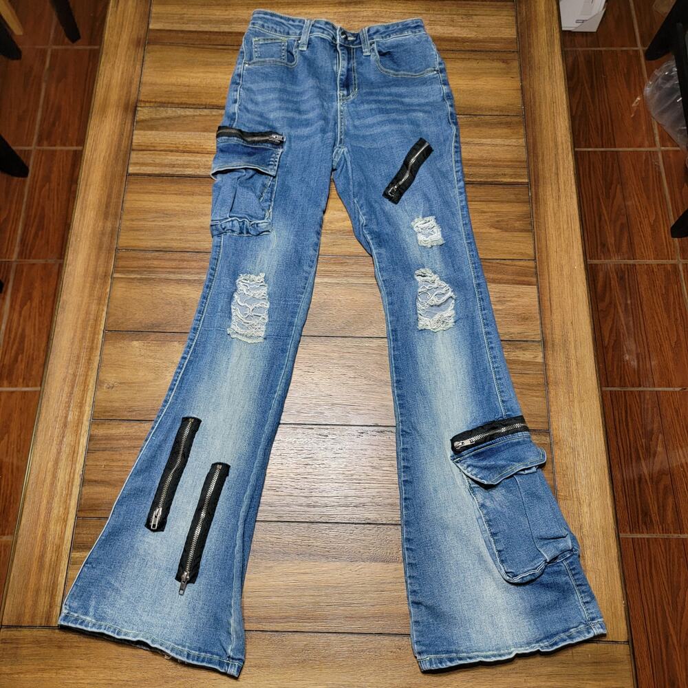Destructed Zipper Flare Denim Pants - Size Junior 5